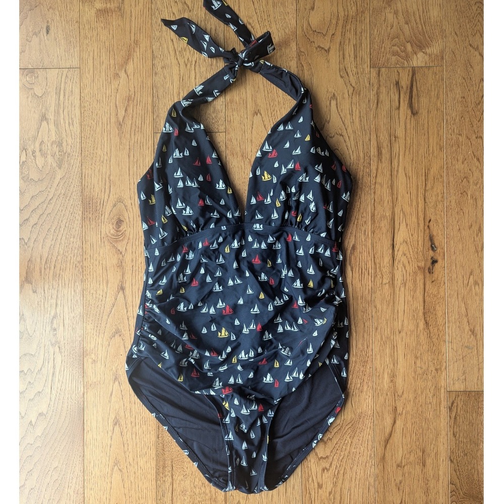Tommy Hilfiger Womens Navy Sailboat Print Halter One Piece Swimsuit Sz 14